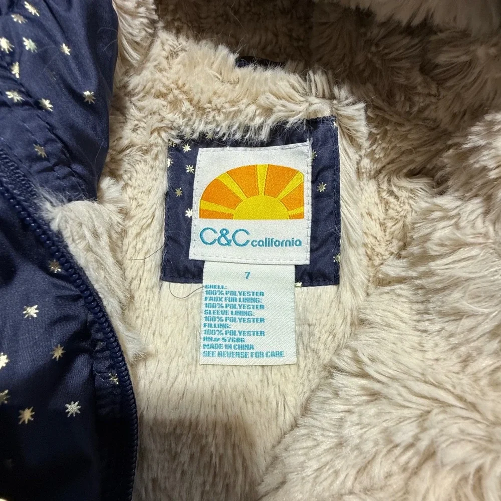C&C California Girls Navy Gold Star Quilted Puffer Jacket Faux Fur Lining Size 7